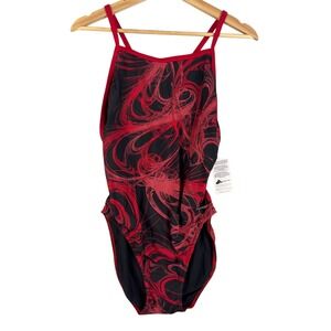 Sporti Light Wave Thin Strap One Piece Swimsuit Red Black Abstract Size 40